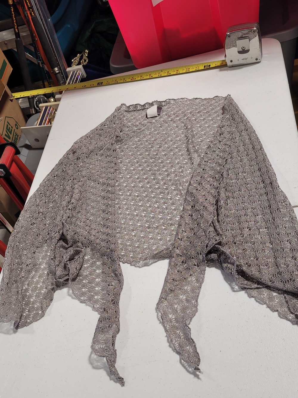 Elif by Jordan Taylor Metallic Open-Knit Cropped Shrug in Silver